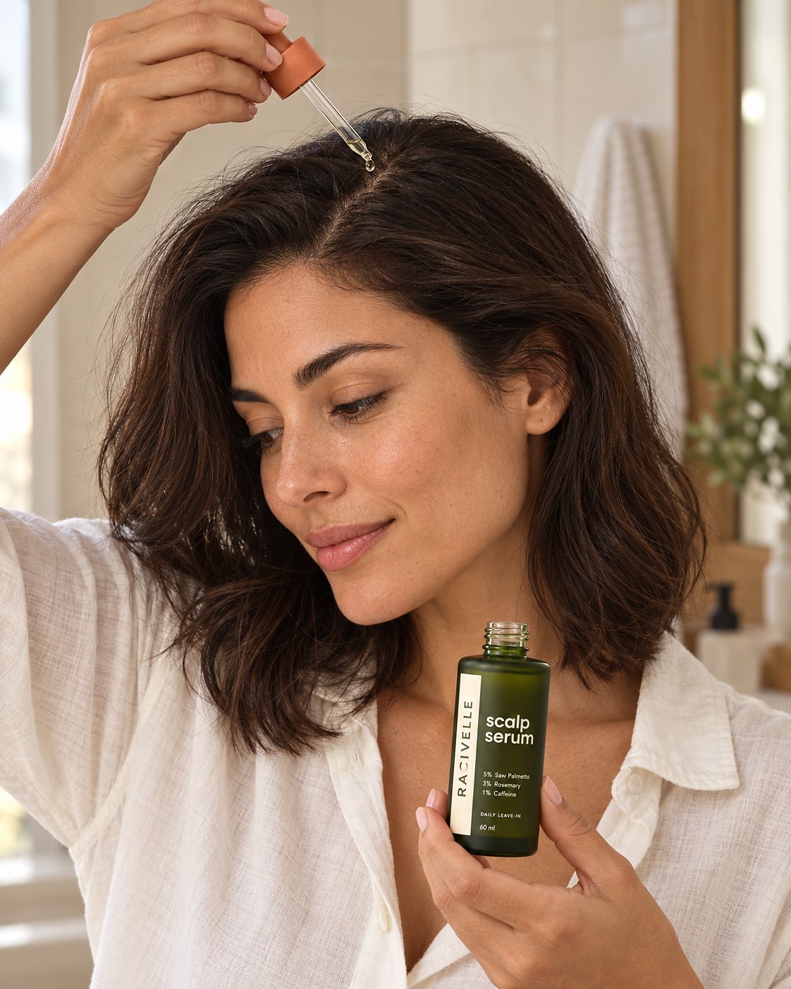 A woman parting dark hair along the scalp to apply the serum at the hairline, bottle in her other hand.