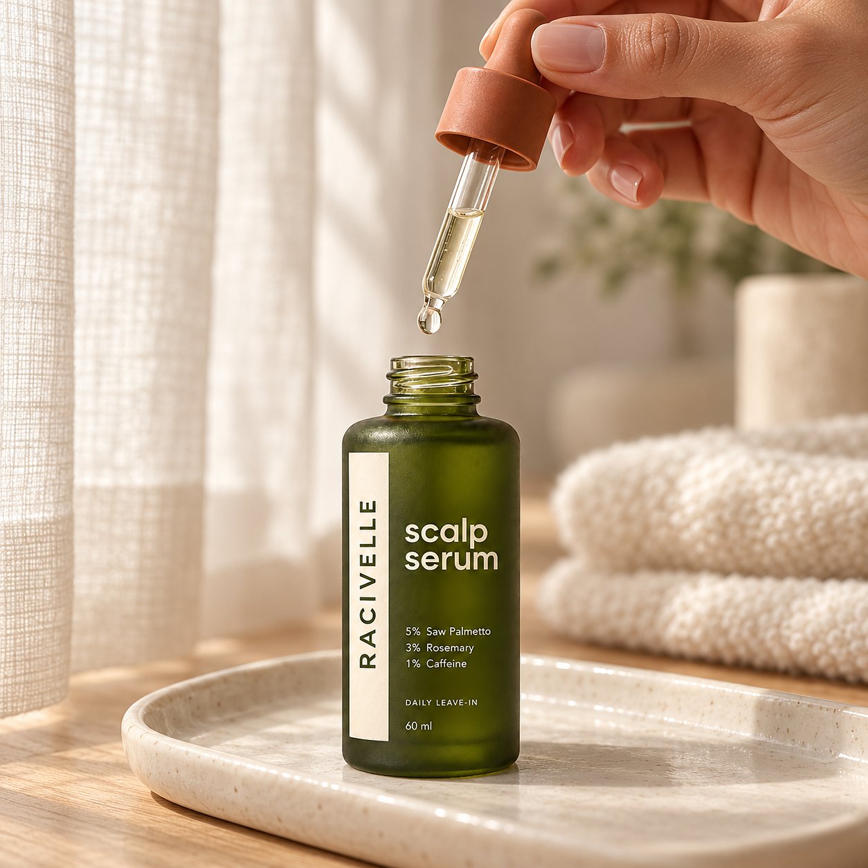 Racivelle scalp serum: the glass pipette lifted from the open bottle, the label panel facing the light.