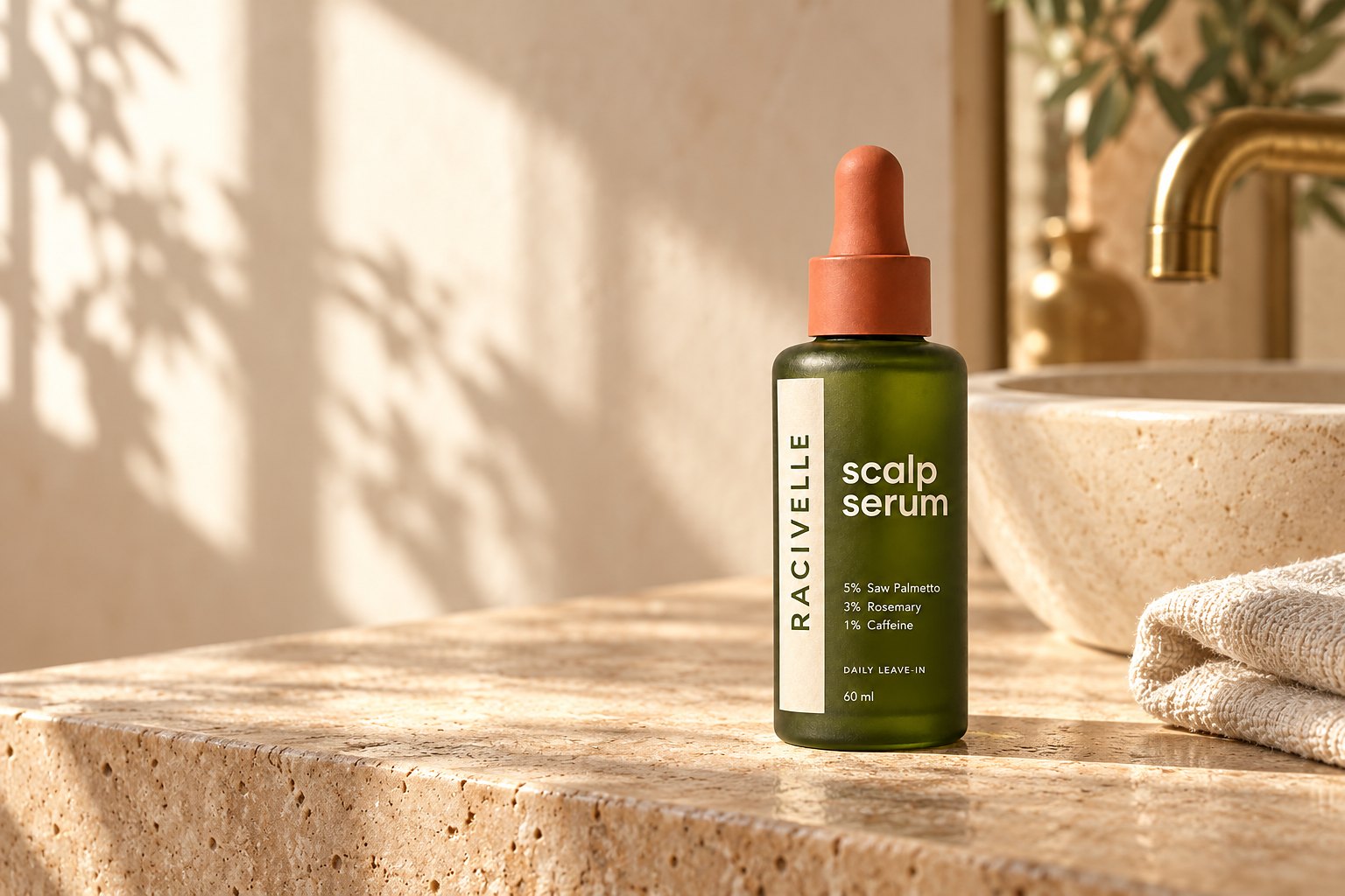 The Racivelle serum bottle standing on a stone bathroom counter beside a folded towel and a brass tap, with leaf shadows falling across the wall.