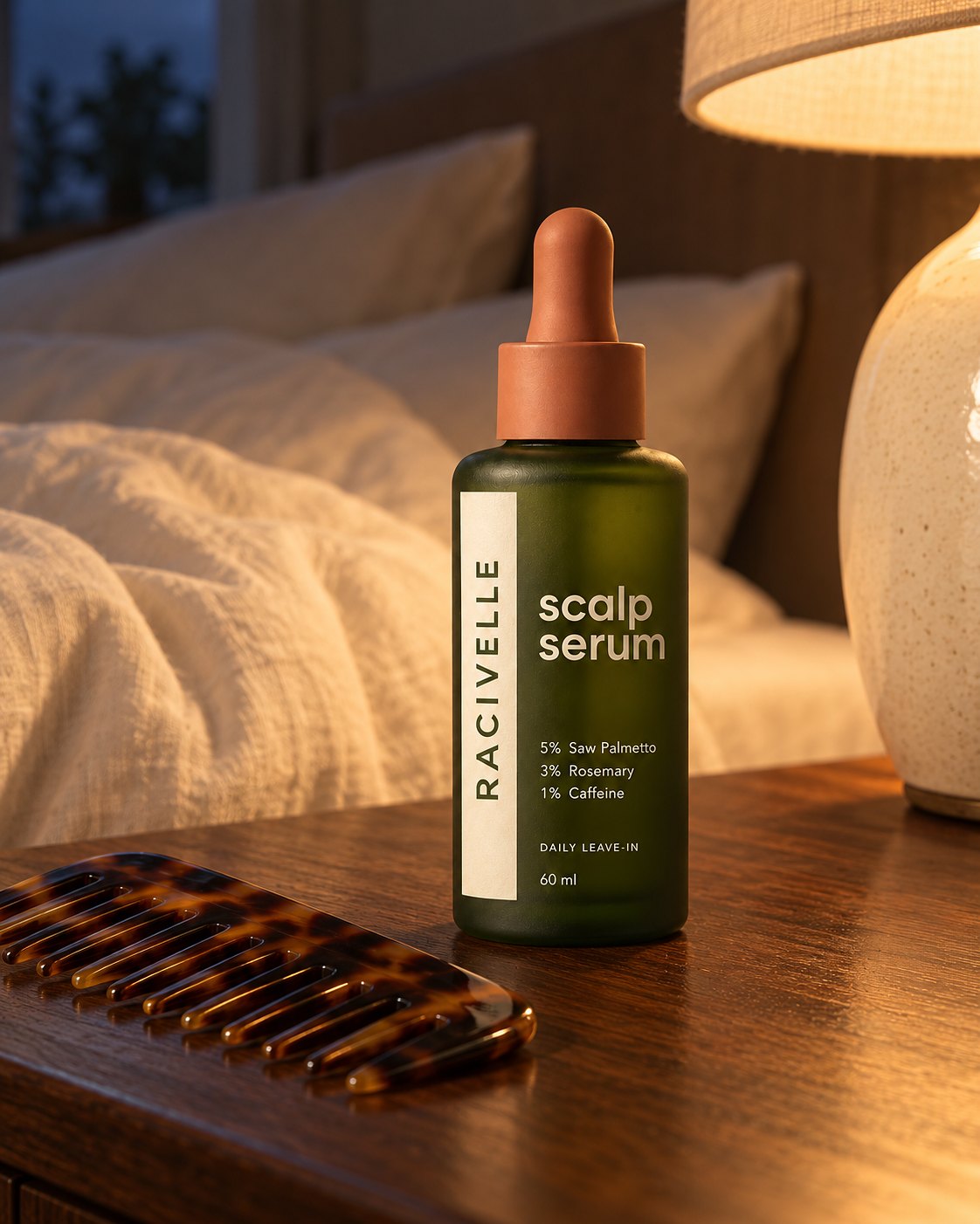 The serum bottle on a dark wood nightstand beside a tortoiseshell comb, lit by a warm bedside lamp.