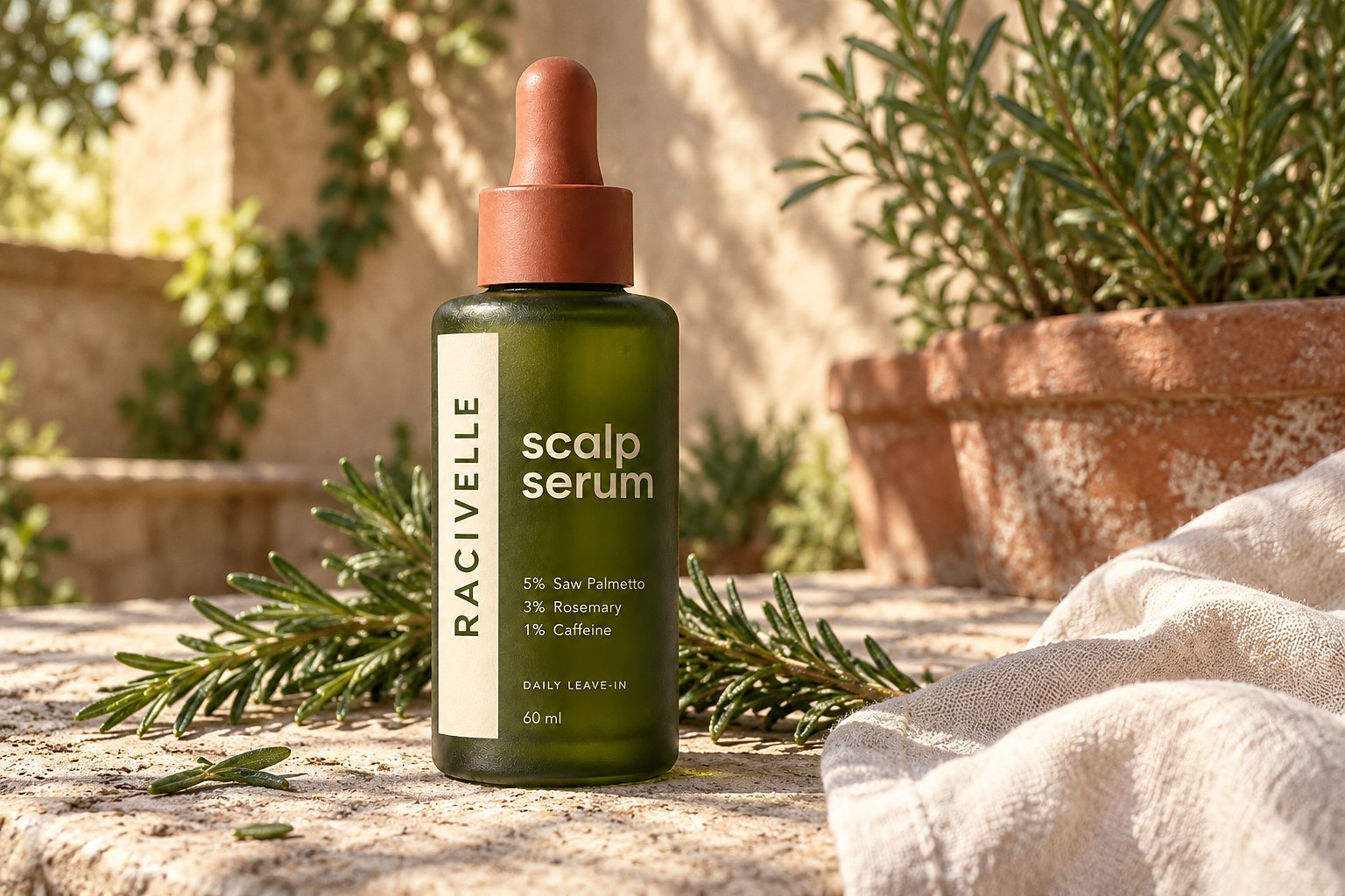 The serum bottle resting on a stone ledge among fresh rosemary sprigs and a terracotta pot, in outdoor daylight.